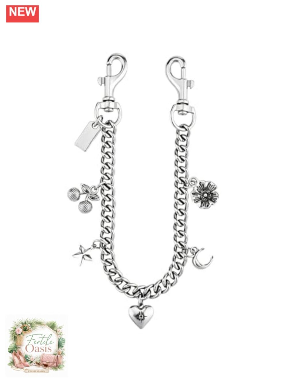 Silver Bag Charm Keychain Vintage Star Moon Heart Flower Curb Chain Purse